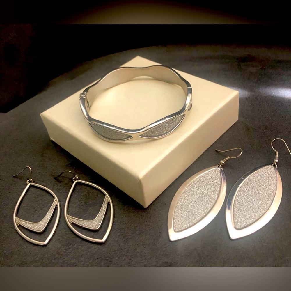 Bundle -silver glittered dangle earnings (2 styles)& matching bangle bracelet